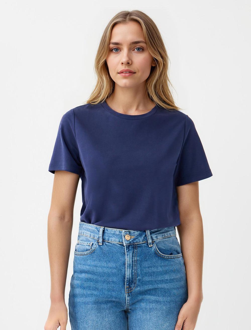 Bisiklet Yaka Kısa Kollu Modal Örme Tişört