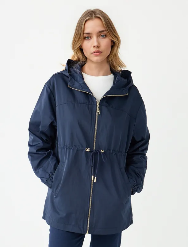 Women Dark Blue Hooded Raincoat with Lace-up Detail