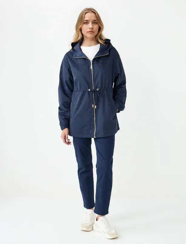 Women Dark Blue Hooded Raincoat with Lace-up Detail