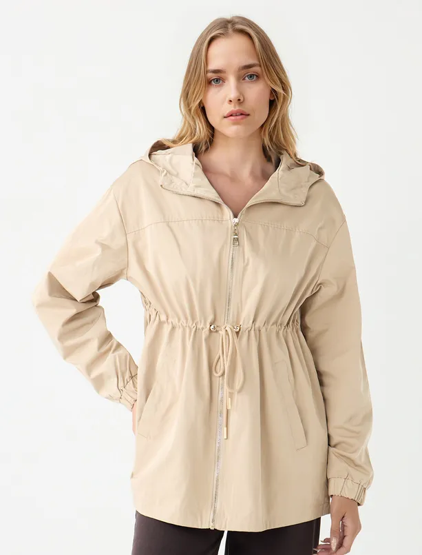 Women Beige Hooded Raincoat with Lace-up Detail