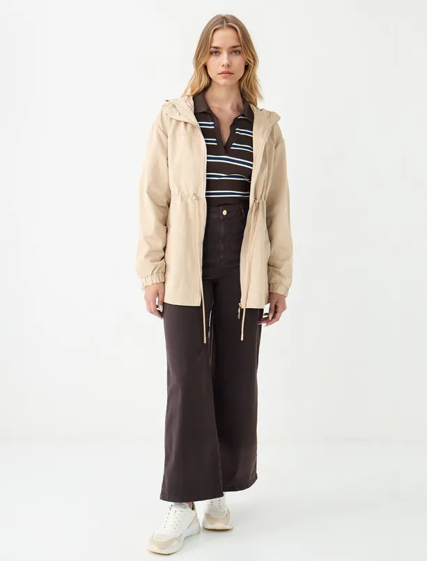 Women Beige Hooded Raincoat with Lace-up Detail