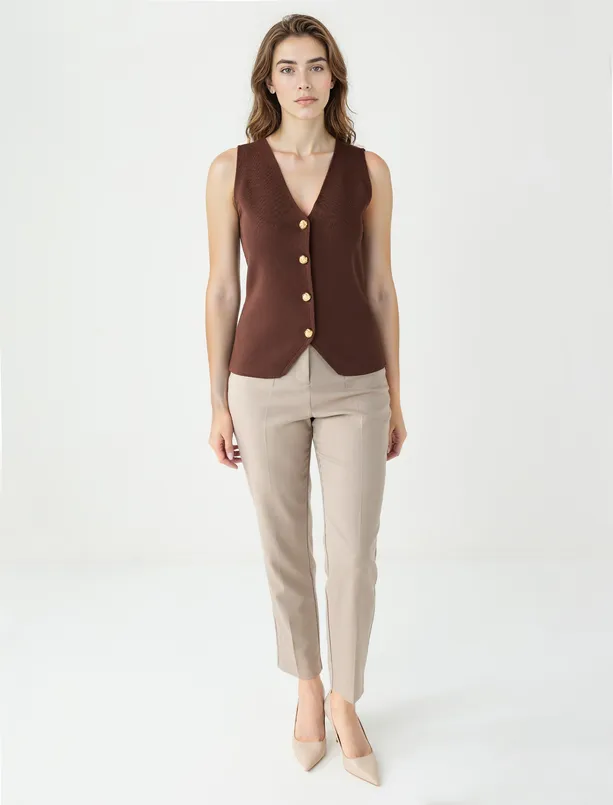 Women Brown Narrow Cut Shiny Button Detailed Sweater Vest
