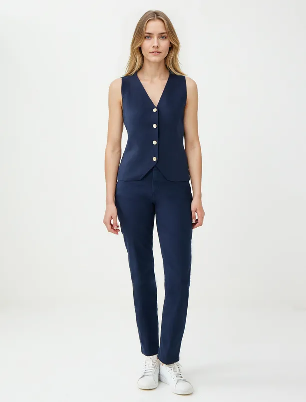 Women Dark Blue Narrow Cut Shiny Button Detailed Sweater Vest