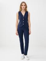 Lacivert Dar Kesim Parlak Düğme Detaylı Triko Yelek Kombini	