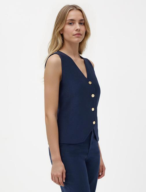 Lacivert Dar Kesim Parlak Düğme Detaylı Triko Yelek Kombini	