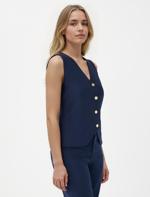 Lacivert Dar Kesim Parlak Düğme Detaylı Triko Yelek Kombini	