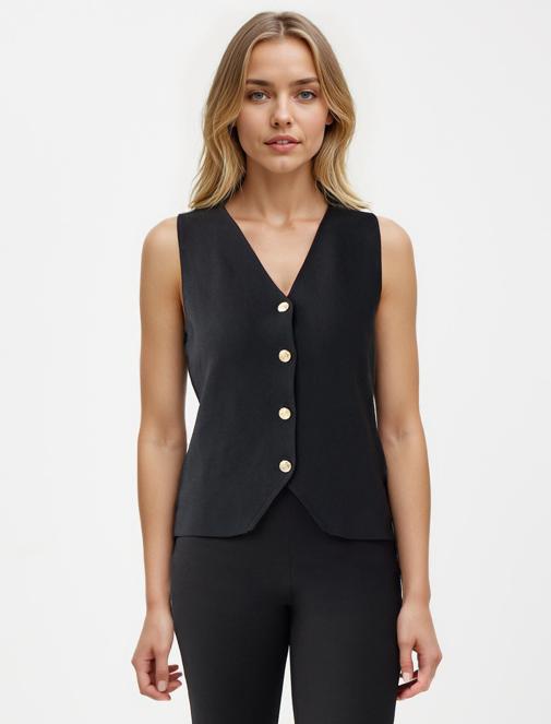 Siyah Dar Kesim Parlak Düğme Detaylı Triko Yelek Kombini	