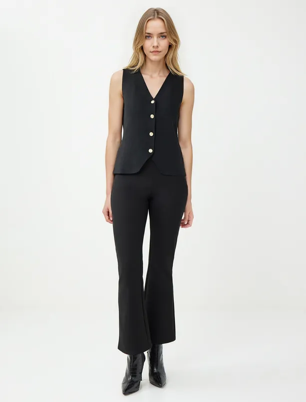 Women Black Narrow Cut Shiny Button Detailed Sweater Vest