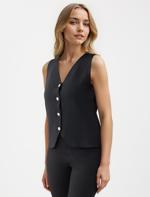 Siyah Dar Kesim Parlak Düğme Detaylı Triko Yelek Kombini	