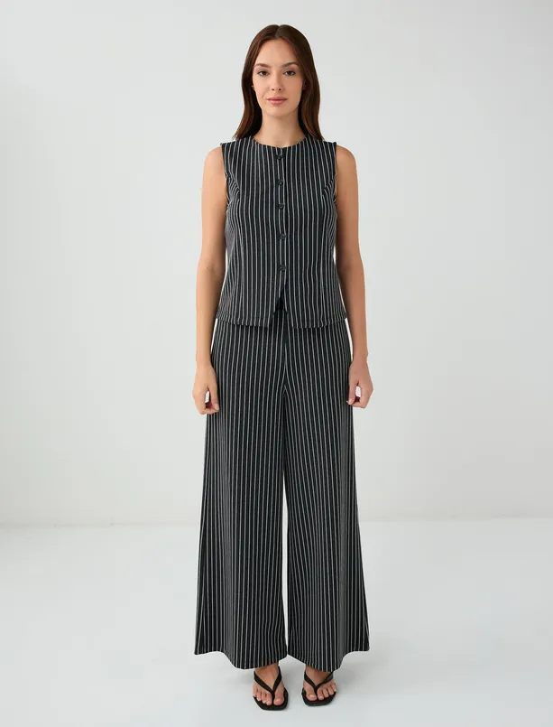 Women Anthracite Crew Neck Sleeveless Line Patterned Knitted Vest