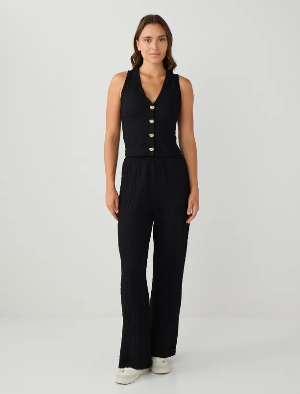 Women Black Slim Fit Knitted Vest with Shiny Button Detail
