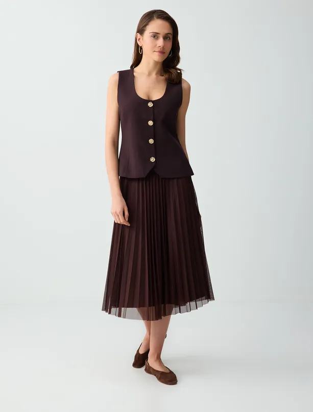 Women Brown Straight Cut Woven Vest with Button Detail