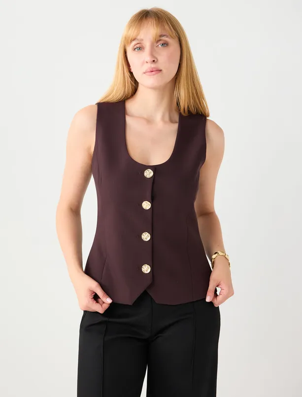 Bayan  Düz Kesim Düğme Detaylı Dokuma Yelek