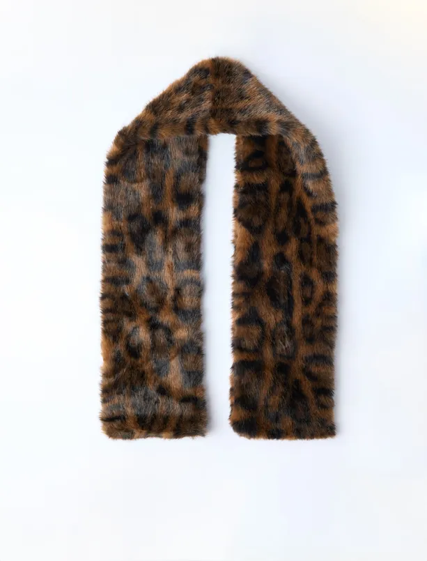 Bayan Kahverengi Leopar Desenli Peluş Atkı