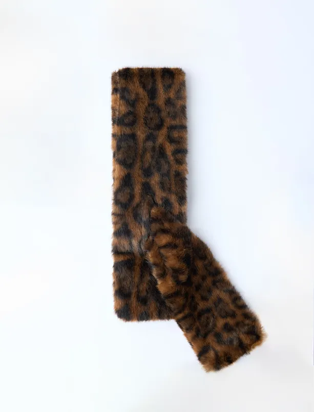 Bayan Kahverengi Leopar Desenli Peluş Atkı