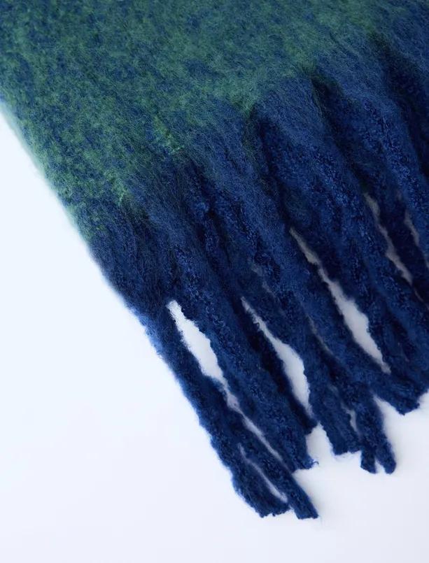 Women Dark Blue Soft Textured Tassel Scarf