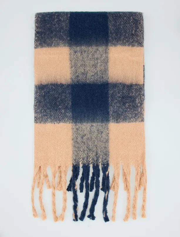 Women Dark Blue Square Pattern Tassel Detailed Scarf