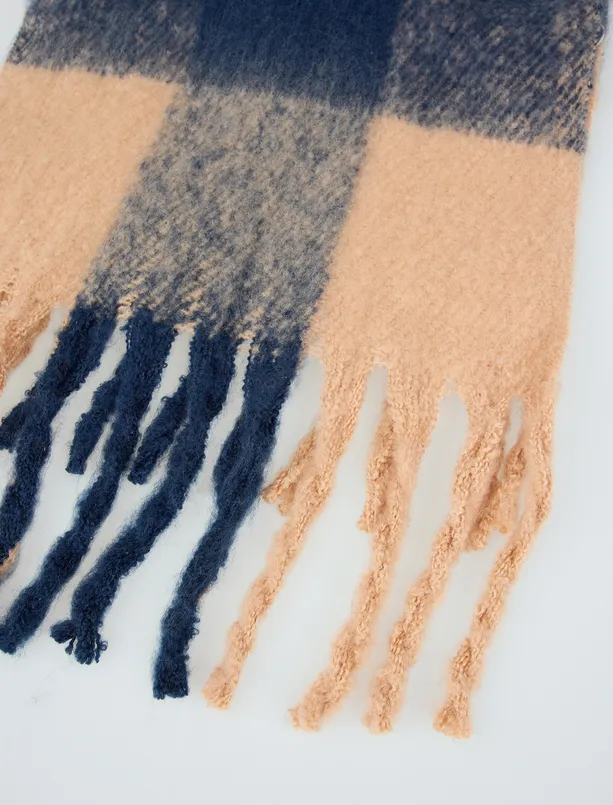 Women Dark Blue Square Pattern Tassel Detailed Scarf