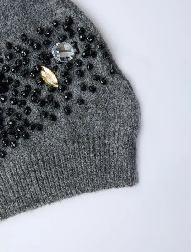 Women Grey Stone Embroidered Beanie
