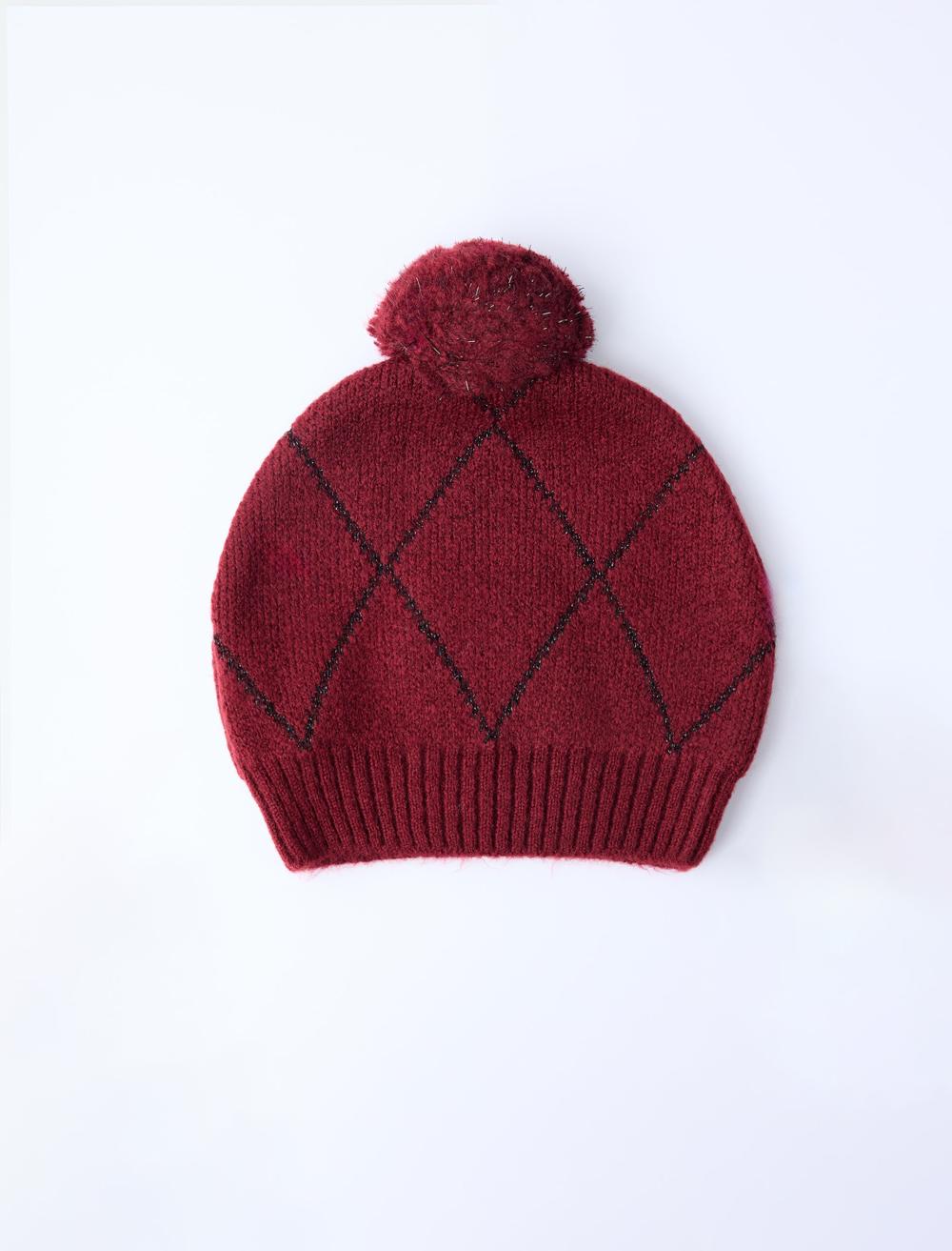 Ponpon Detaylı Baklava Desenli Bere