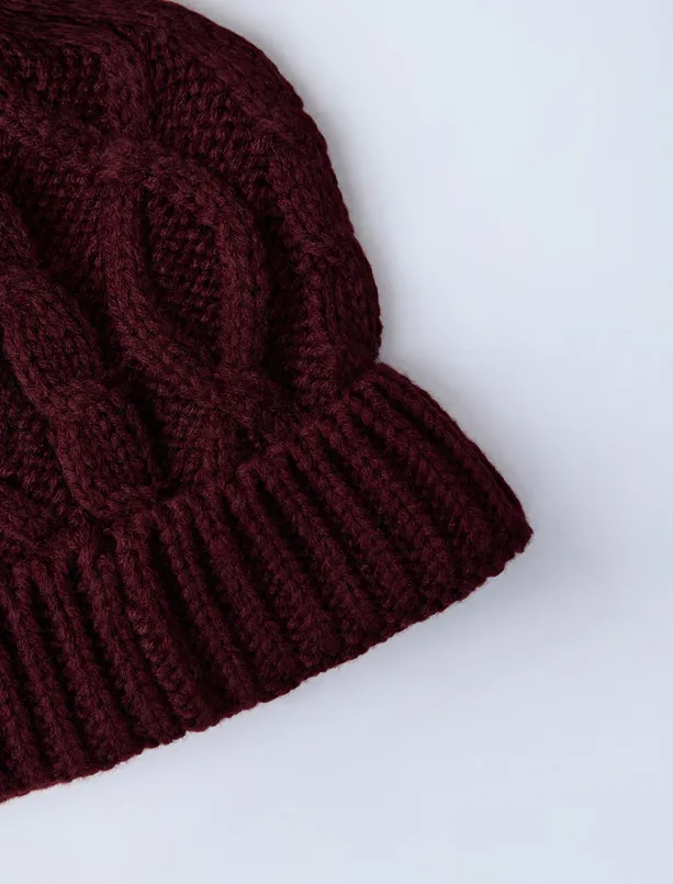 Women Claret Red Hair Braid Patterned Pompom Detailed Beret