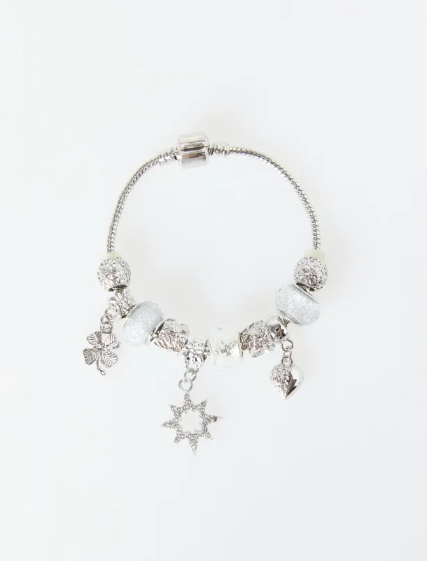 Bayan Beyaz Çok Figürlü Çelik Charm Bileklik