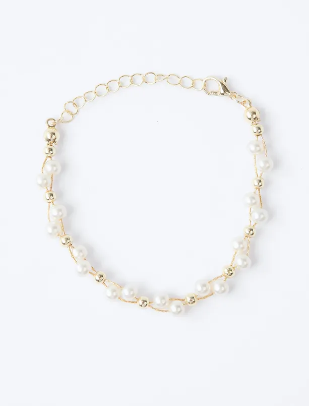 Bayan  İnci Detaylı Altın Kaplama Ayarlanabilir Bileklik