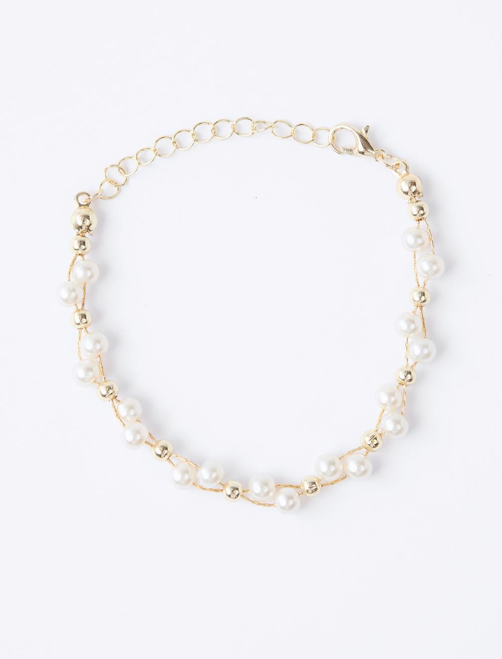 İnci Detaylı Altın Kaplama Ayarlanabilir Bileklik