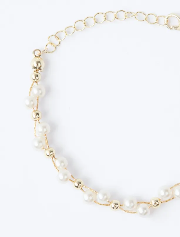 Bayan Sarı İnci Detaylı Altın Kaplama Ayarlanabilir Bileklik