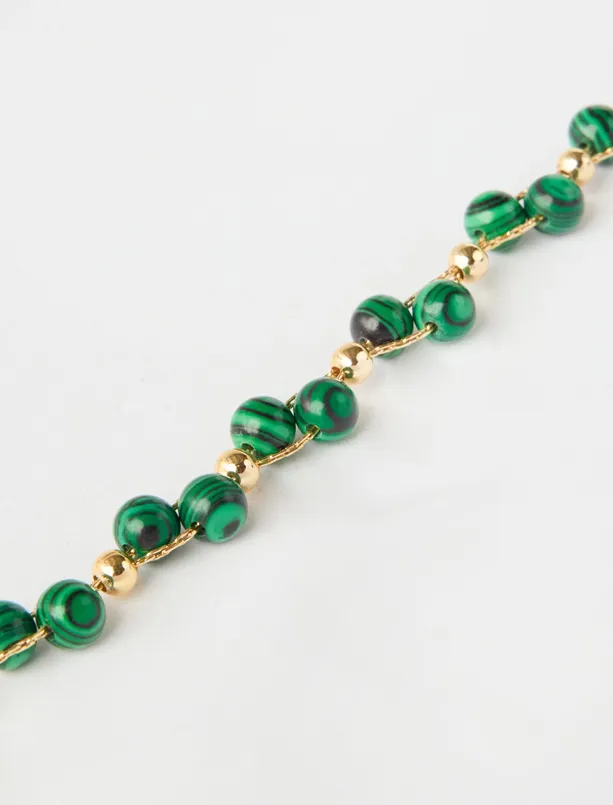 Bayan Yeşil İnci Detaylı Altın Kaplama Ayarlanabilir Bileklik