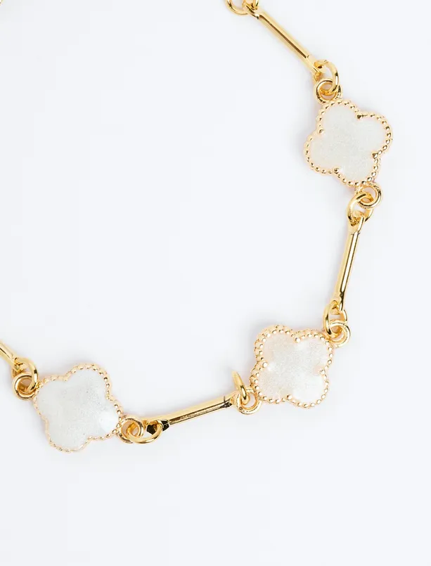 Women White Clover Figured Stone Adjustable Bracelet