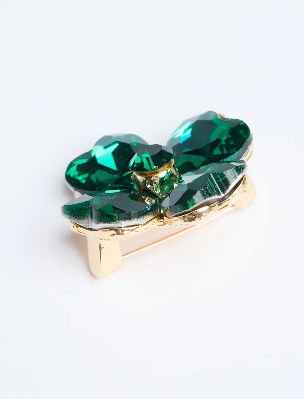 Bayan Yeşil Parlak Yonca Figürlü Broş