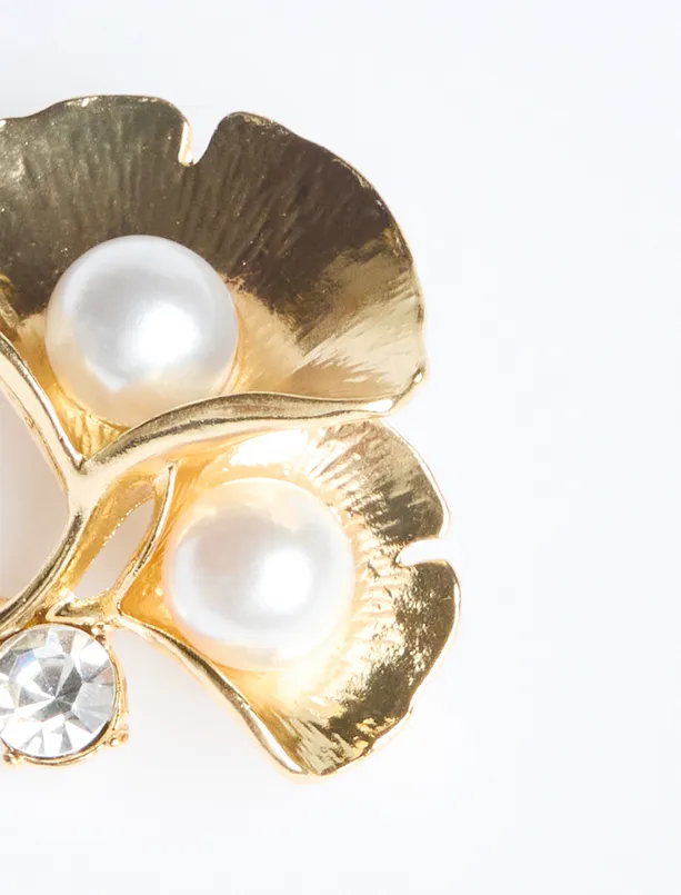 Bayan Sarı İnci Detaylı Parlak Taşlı Broş