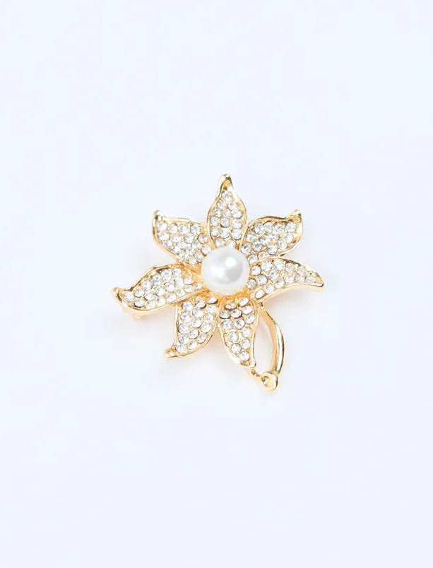 Women Yellow Flower Figured Stone and Pearl Detailed Brooch