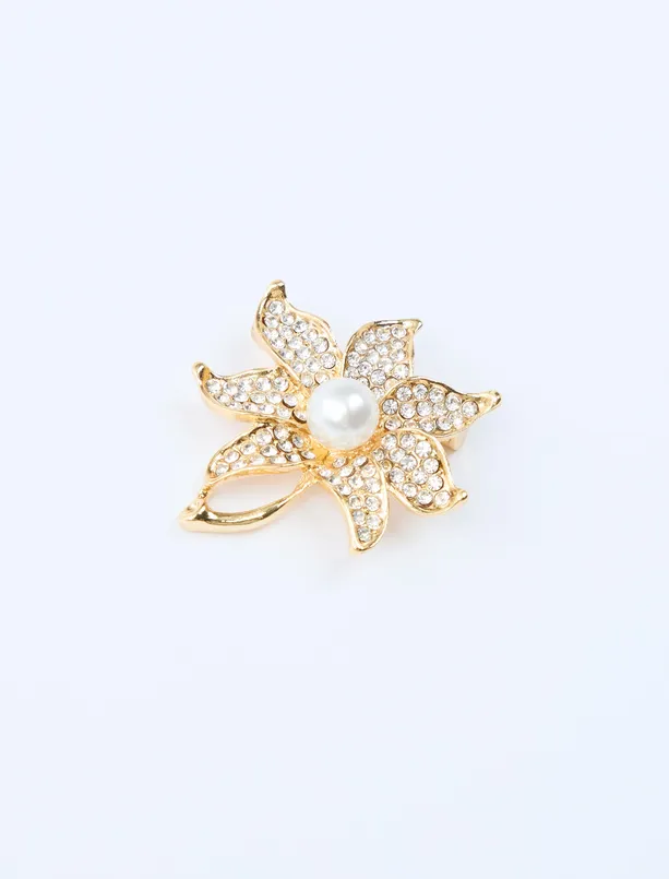 Bayan Sarı Çiçek Figürlü Taş ve İnci Detaylı Broş