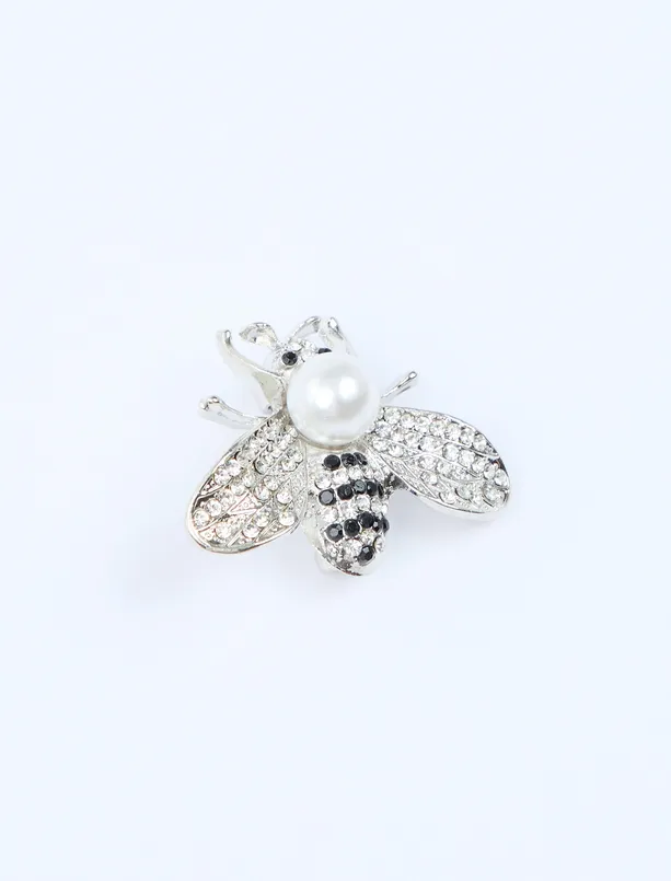 Bayan Gri Arı Figürlü Top İnci Detaylı Broş
