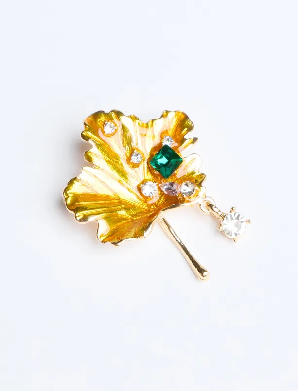 Women Yellow Leaf Figured Rocking Stone Brooch