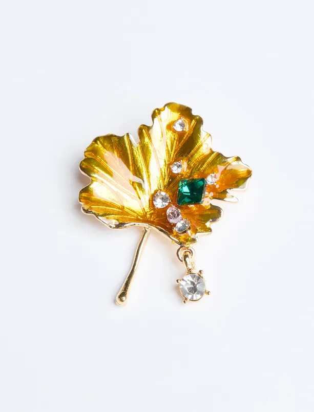 Women Yellow Leaf Figured Rocking Stone Brooch