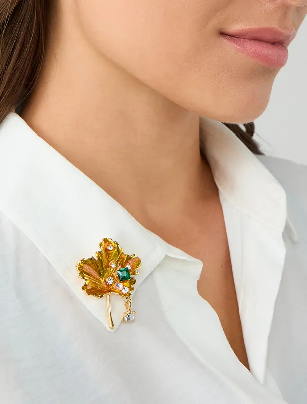Women Yellow Leaf Figured Rocking Stone Brooch
