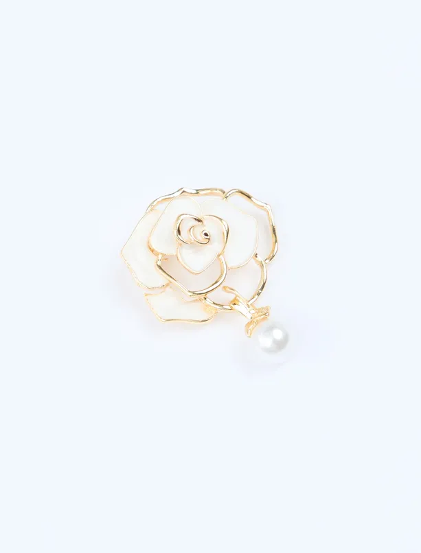 Women Beige Flower Figured Brooch with Pearls