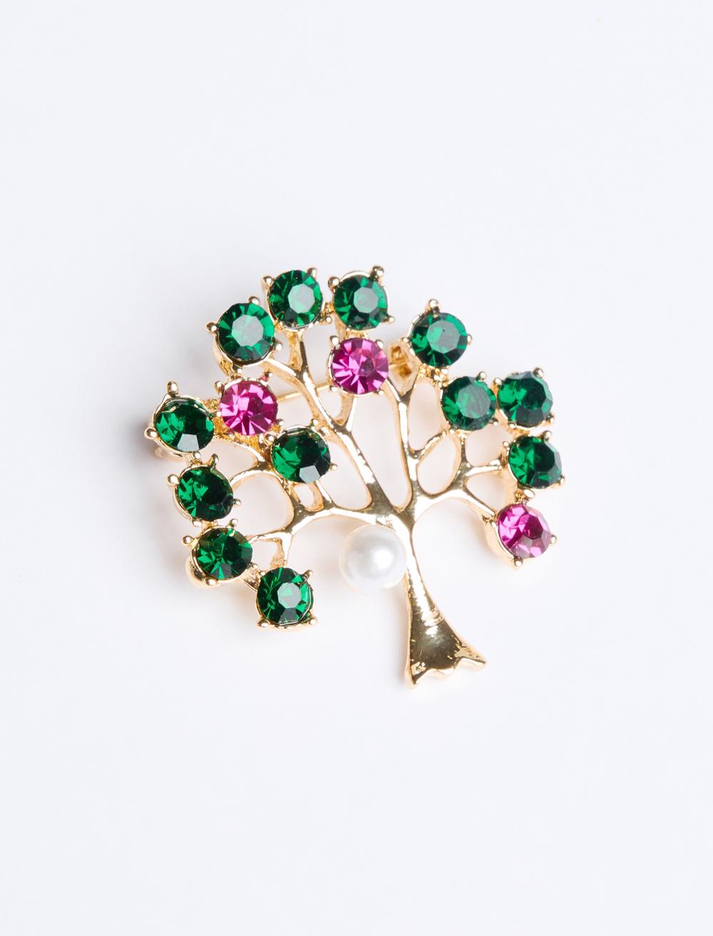 Ağaç Figürlü Parlak Taşlı Broş