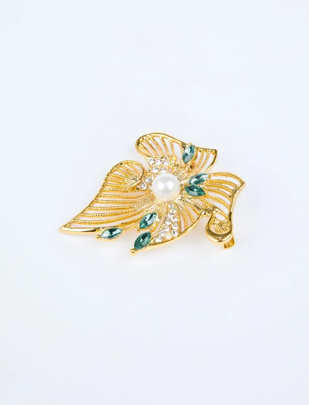 Bayan Sarı Yaprak Figürlü Top İnci Detaylı Broş