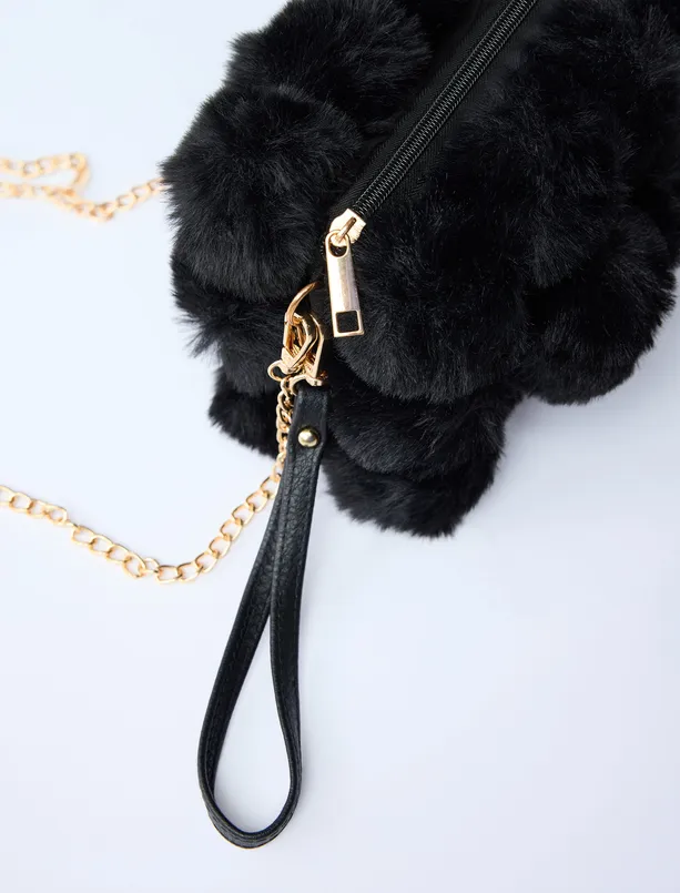 Women Black Plush Shoulder Bag with Metal Chain