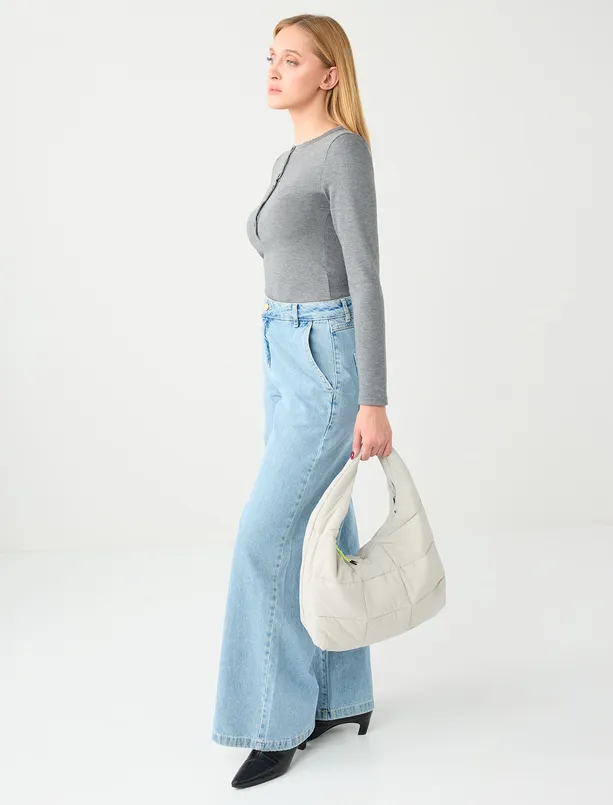 Bayan Gri Paraşüt Kumaş Fermuarlı Omuz Çantası