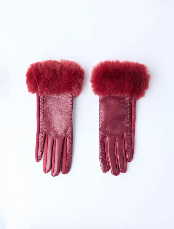 Women Claret Red Leather Look Plush Detailed Glove