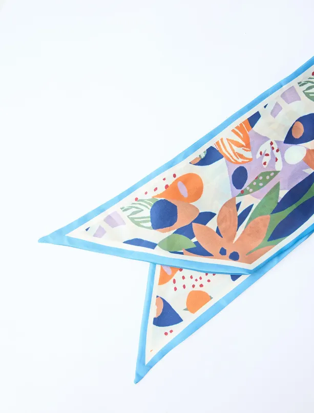 Bayan Mavi Çiçek Desenli Dokuma Fular