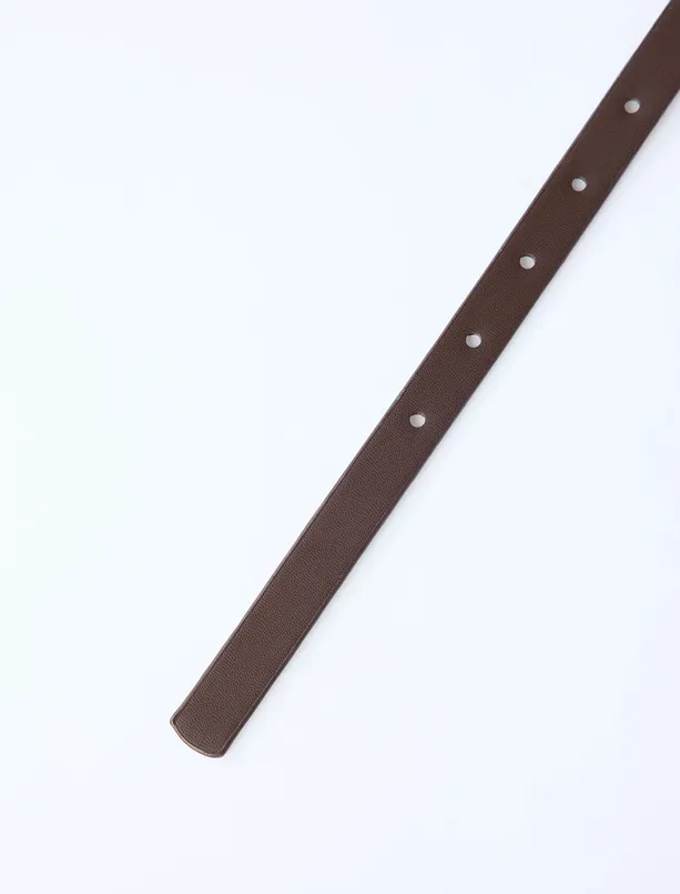 Bayan Kahverengi Deri Görünümlü Metal Tokalı İnce Kemer