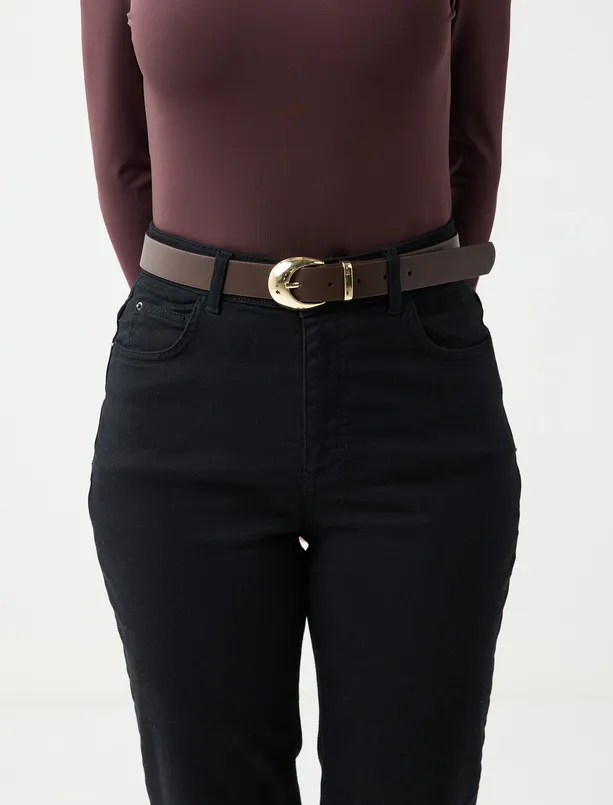 Brown Leather Look Belt with Shiny Metal Buckle