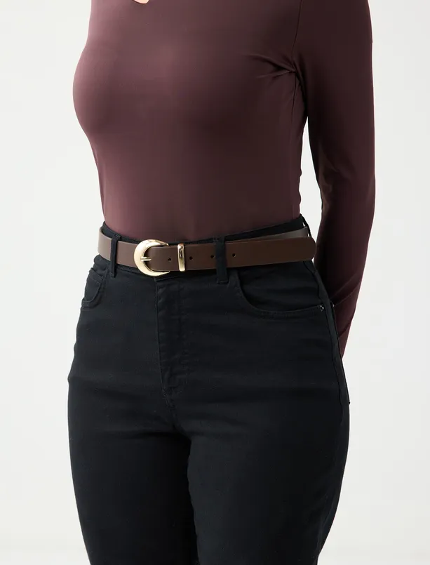 Brown Leather Look Belt with Shiny Metal Buckle
