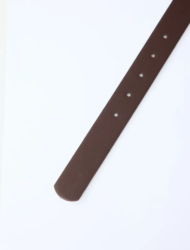 Women Brown Leather Look Belt with Shiny Metal Buckle